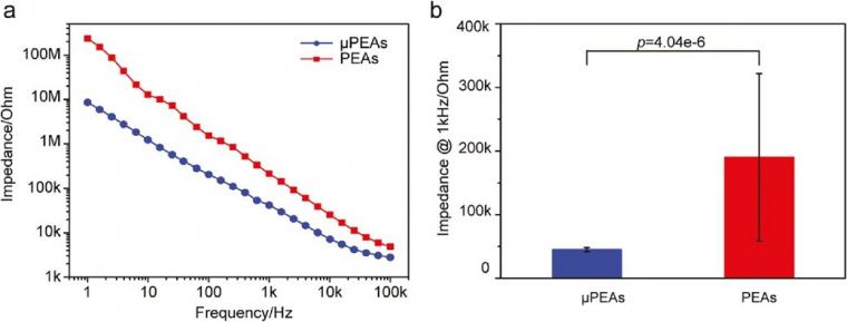 Figure 3: a) EIS of micropillar and planar electrodes measured in PBS. b)...