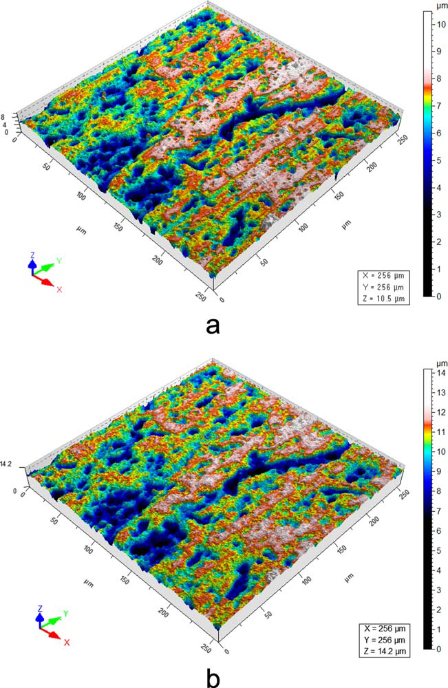 Figure 7: Stereometric view of the sample surface obtained with 50× lenses. a:...