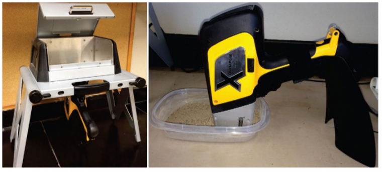 Figure 3: Hands‐free pXRF operation using a hooded sample stage for special...