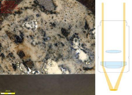 A glazed sample under darkfield observation (left) and a diagram of the light...