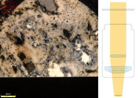 A glazed sample under polarized light observation (left) and the illumination...