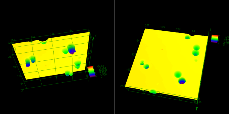 Figure 3: Alternative 3D views of the same detector with color-coded height,...