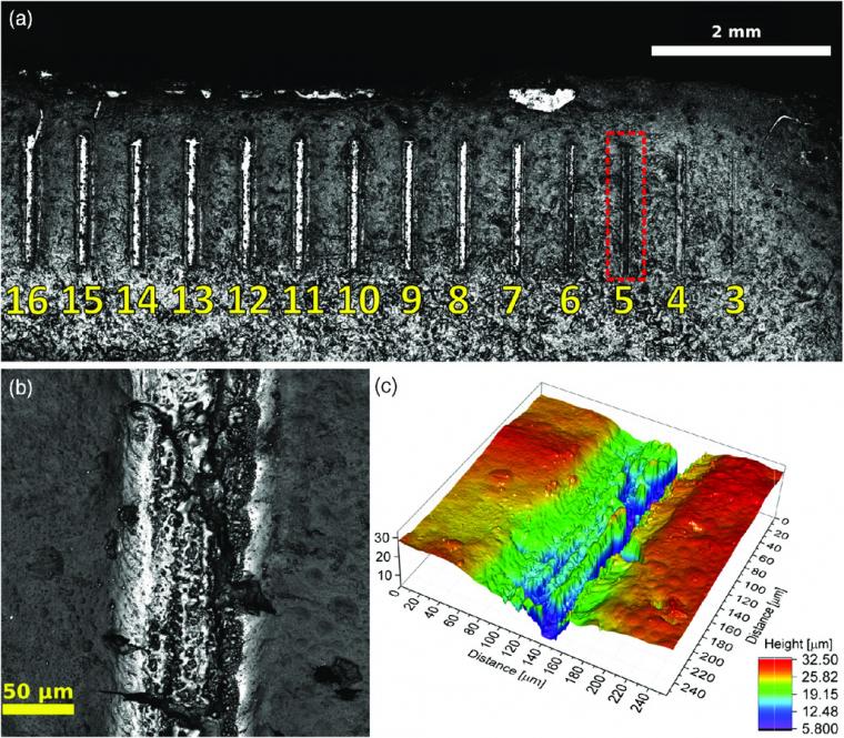 Figure 3: Line patterns produced with a laser speed of 100 mm min−1 and...